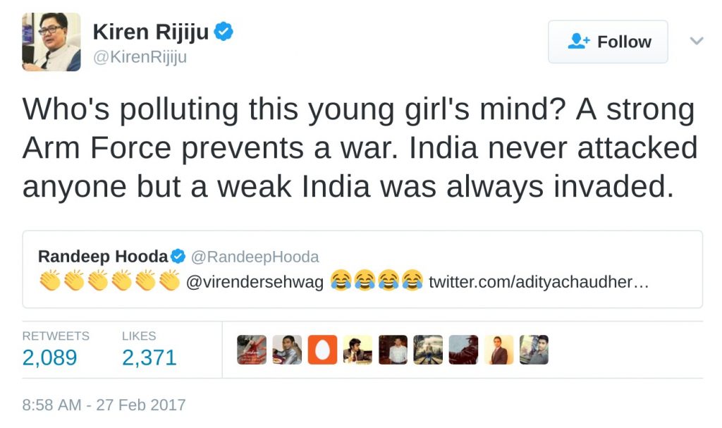 Gurmehar polluted mind kiren rijiju