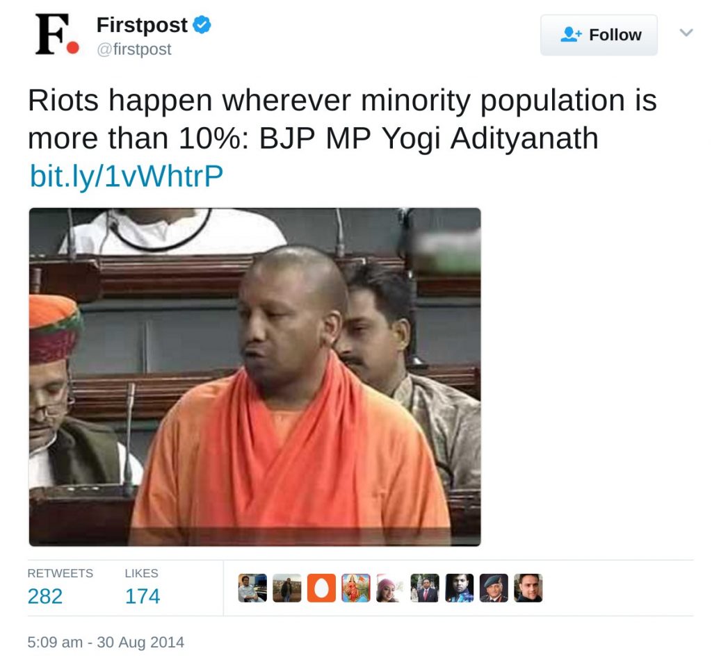 Riots happen wherever minority population is more than 10%: BJP MP Yogi Adityanath