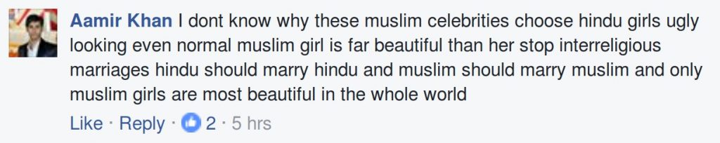I don't know why these muslim celebrities choose hindu girls ugly looking even normal muslim girl is far beautiful than her stop interreligious marriges hindu should marry hindu and muslim should marry muslim and only muslim girls are most beautiful in the whole world