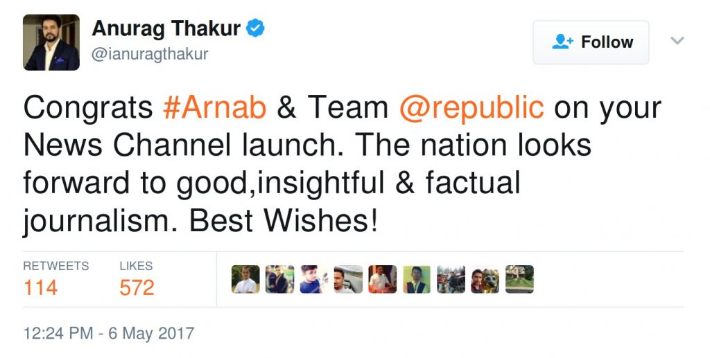 Congrats #Arnab & Team @republic on your News Channel launch. The nation looks forward to good,insightful & factual journalism. Best Wishes!