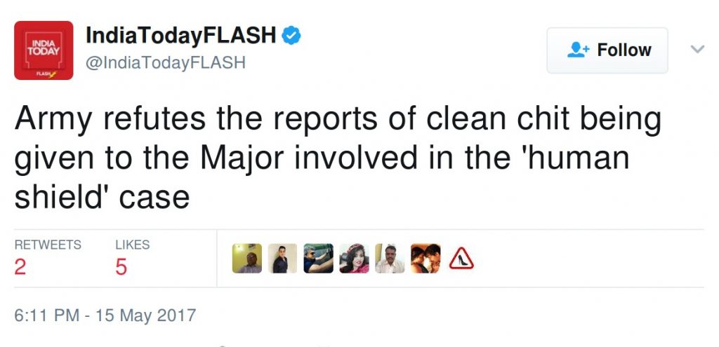 Army refutes the clean chit eing given to the Major involved in the 'human shield' case.