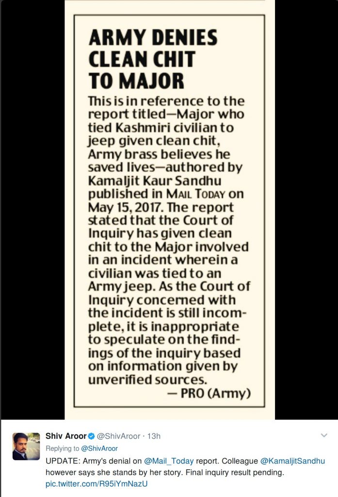 Shiv Aroor's tweet about Army Denial