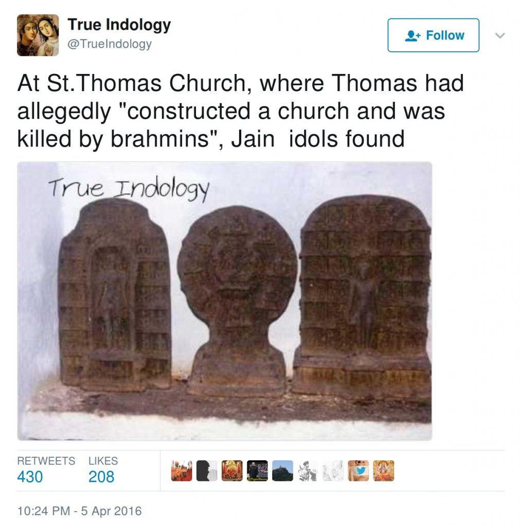 At St. Thomas Church, where Thomas had allegedly "contructed a church and was killed by brahmins", Jain idols found
