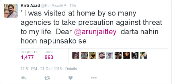 Kirti Azad I was visited at home by so many agencies to take precaution against threat to my life. Dear @arunjaitley darta nahin hoon napusako se.