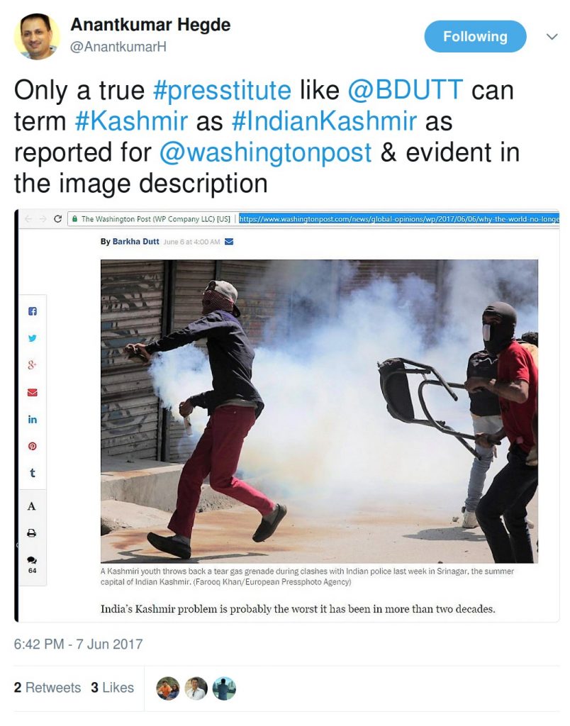 Anantkumar hegde only a true presstitute like bdutt can term Kashmir as Indian Kashmir.