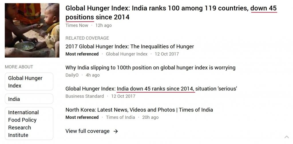 Global Hunger Index 2017 news reports