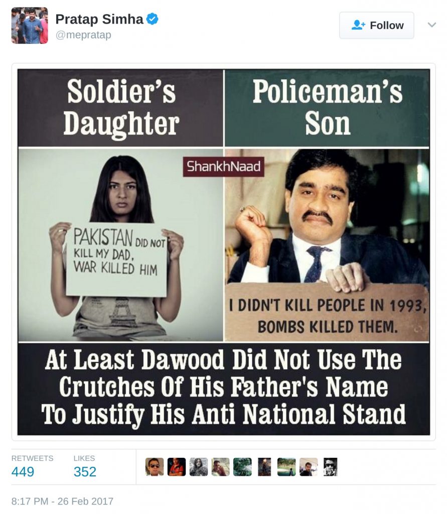 Pratap Simha tweet Gurmehar Kaur