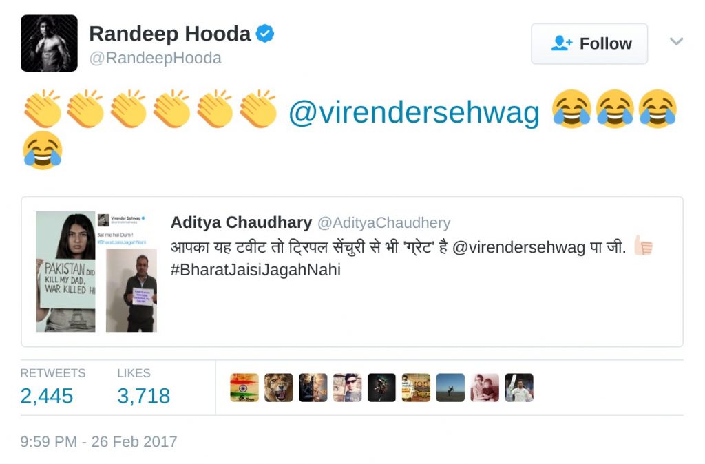 Randeep hooda tweet Gurmehar Kaur