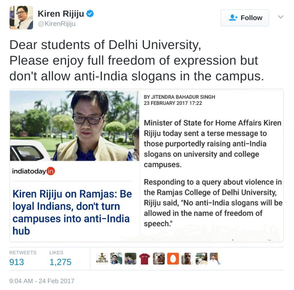 Kiren Rijiju's comment on the clash in Ramjas