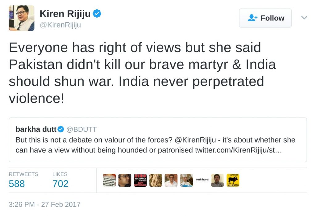 Kiren Rijiju reply to barkha dutt gulmehar kaur