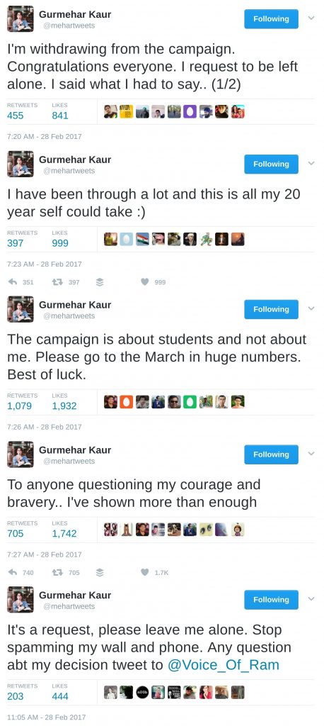 gurmehar kaur withdraws from the abvp campaign