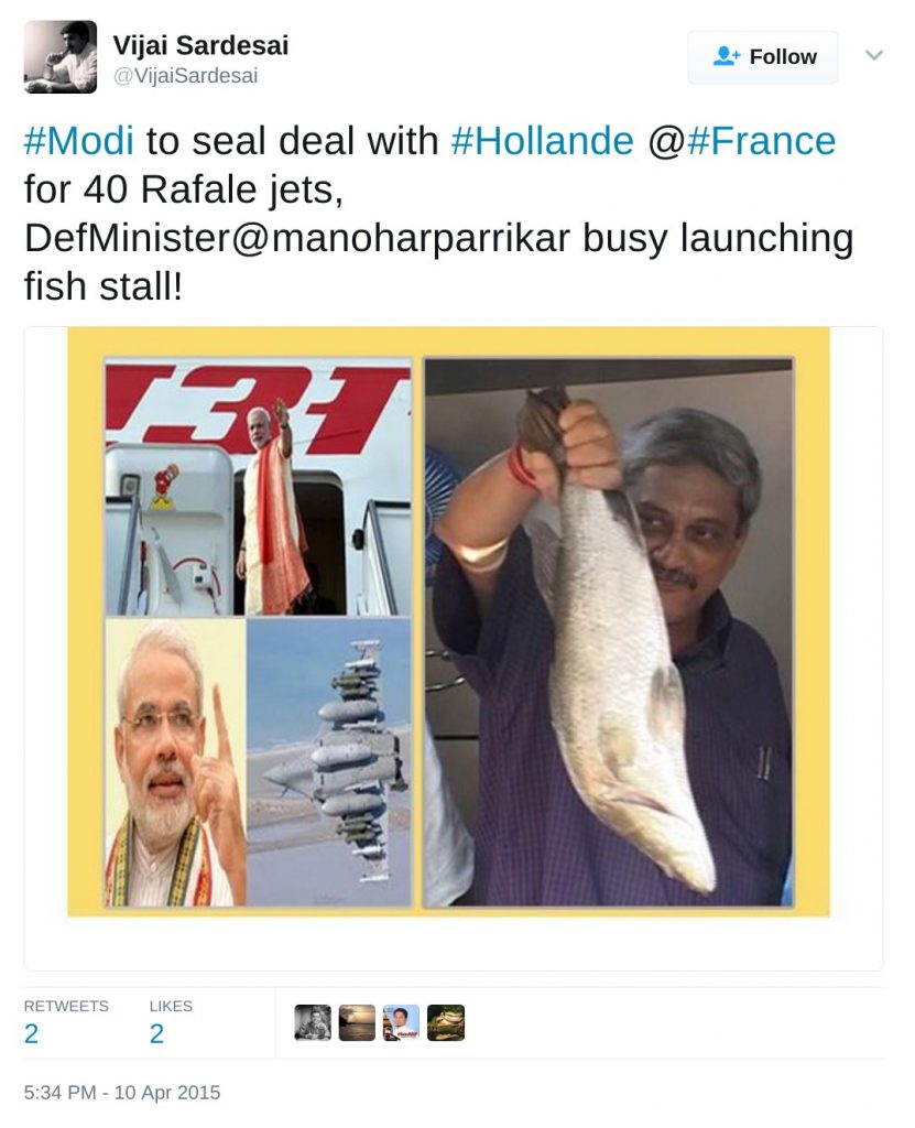 #Modi to seal deal with #Hollande @#France for 40 Rafale jets, DefMinister@manoharparrikar busy launching fish stall!