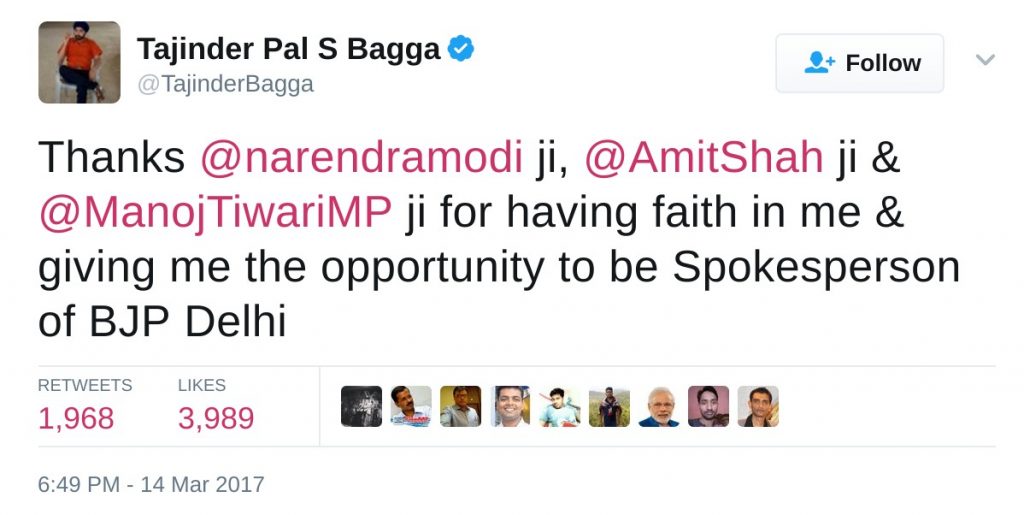 Thanks @narendramodi ji, @AmitShah ji & @ManojTiwariMP ji for having faith in me & giving me the opportunity to be Spokesperson of BJP Delhi