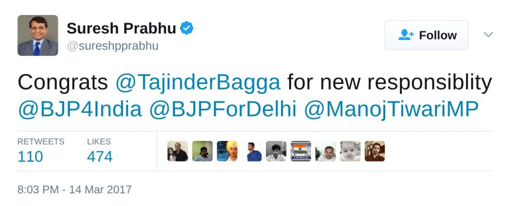 suresh prabhu congrats tajinderbagga for new responsibility