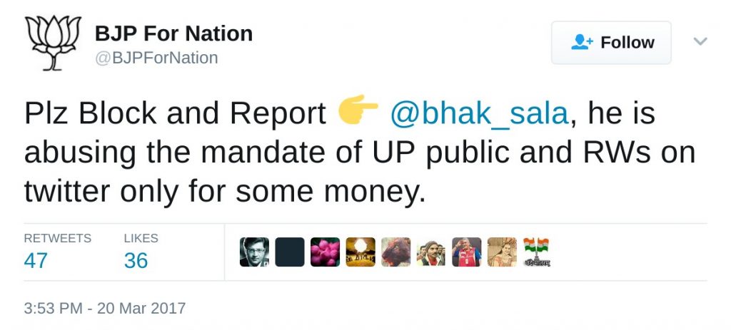 Plz Block and Report 👉 @bhak_sala, he is abusing the mandate of UP public and RWs on twitter only for some money.