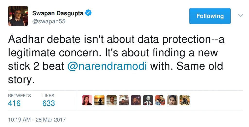 Aadhar debate isn't about data protection--a legitimate concern. It's about finding a new stick 2 beat @narendramodi with. Same old story.