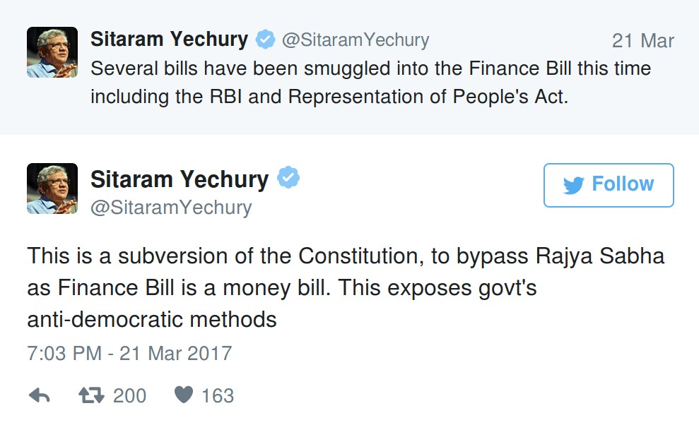Several bills have been smuggled into the Finance Bill this time including the RBI and Representation of People's Act. This is a subversion of the Constitution, to bypass Rajya Sabha as Finance Bill is a money bill. This exposes govt's anti-democratic methods.