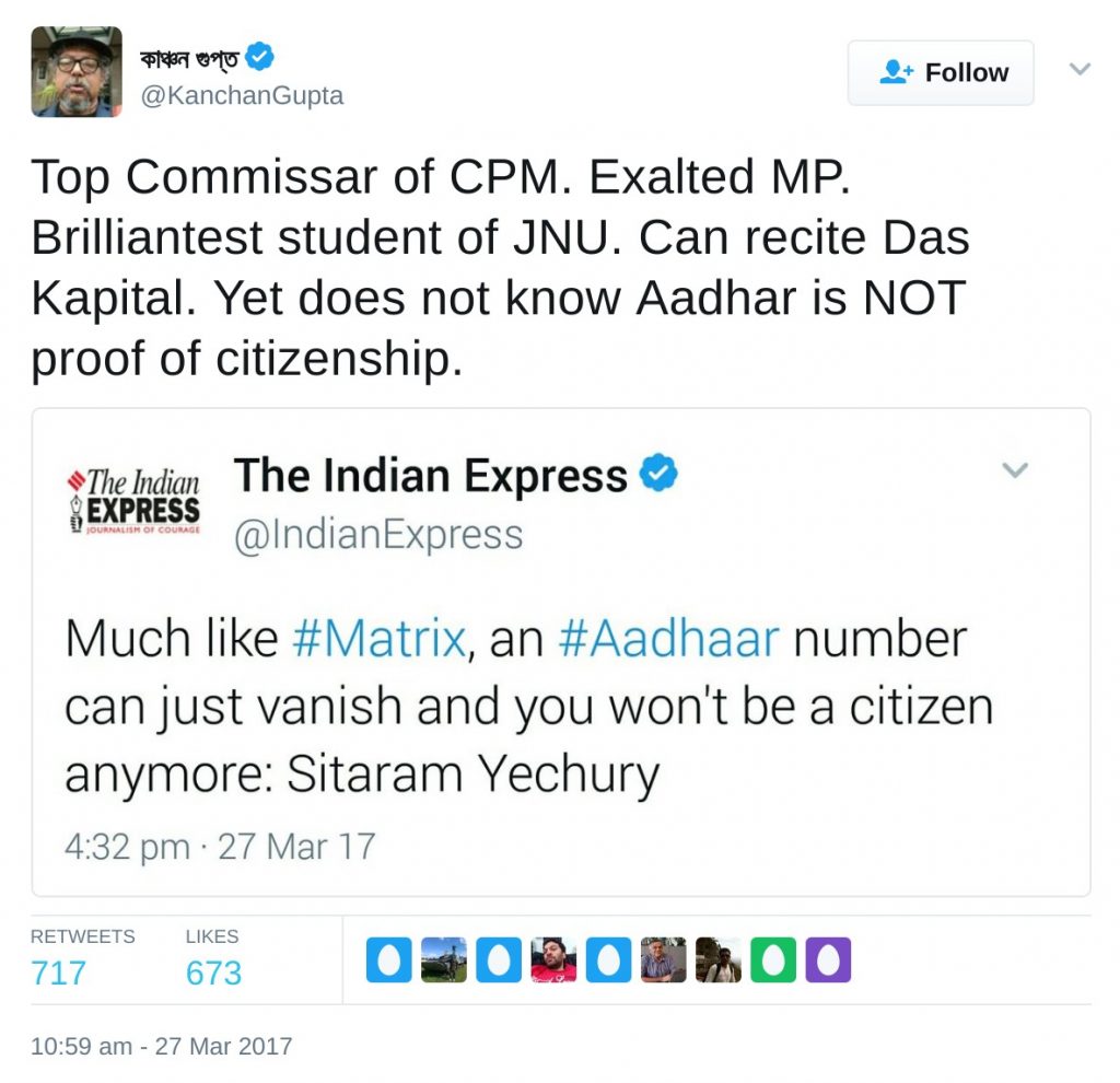 top commissar of cpm, exalted mp, birlliantest student of jnu, can recite das kapital, yet does not know aadhar is not proof of citizenship