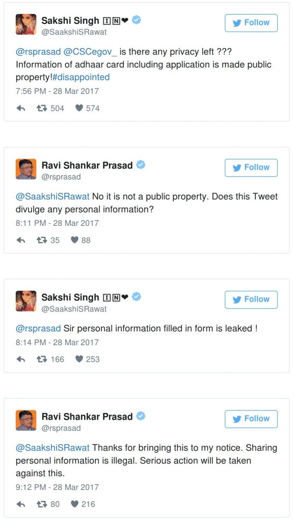 sakshi tweets to ravi shankar prasad