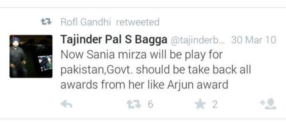 tajinder bagga tweet on sania now sania mirza will be play for pakistan.govt. should be take back all awards from her like Arjun award.