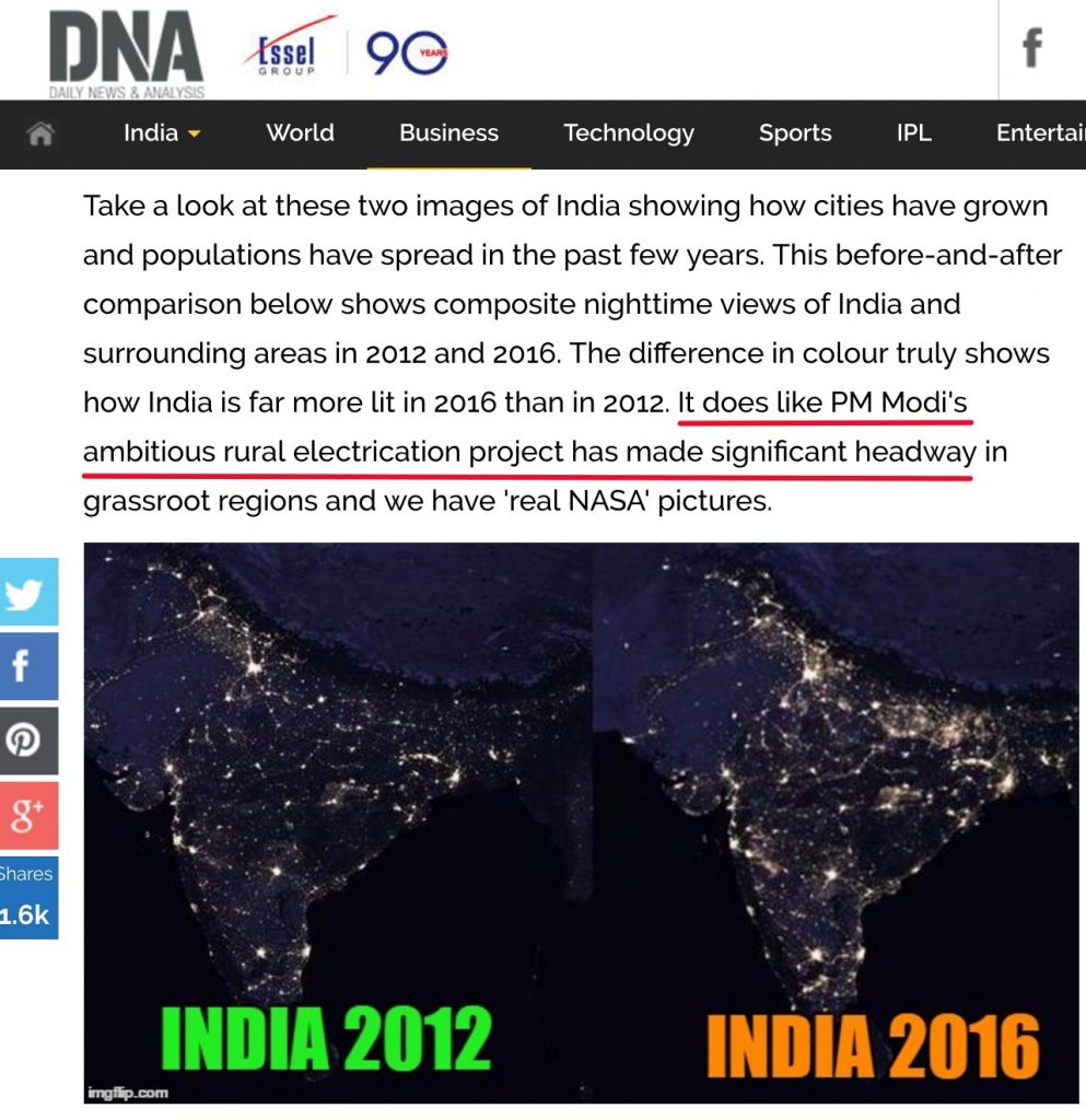 DNA Take a look at these two images of India showing how cities have grown and populations have spread in the past few years. This before-and-after comparison below shows composite nighttime views of India and surrounding areas in 2012 and 2016. The difference in colour truly shows how India is far more lit in 2016 than in 2012. It does like PM Modi's ambitious rural electrication project has made significant headway in grassroot regions and we have 'real NASA' pictures.
