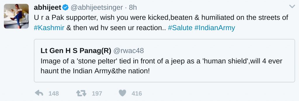 U r a Pak supporter, wish you were kicked,beaten & humiliated on the streets of #Kashmir & then wd hv seen ur reaction.. #Salute #IndianArmy