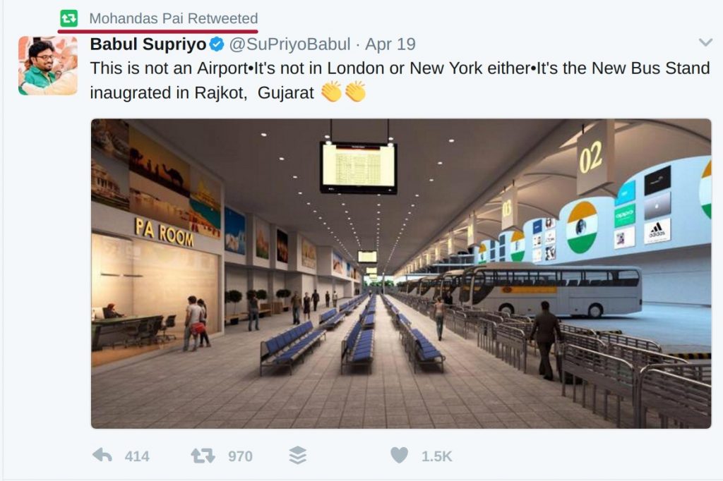 Mohandas Pai retweeting Babul Supriya Rajkot Bus Stand tweet