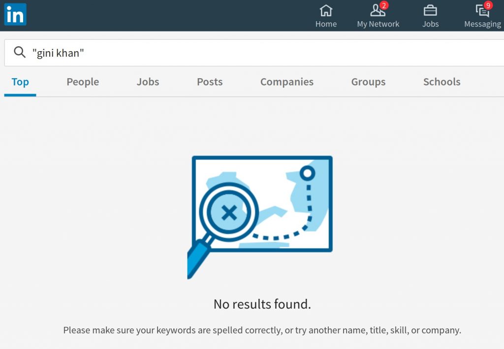 Gini Khan not found on linkedin