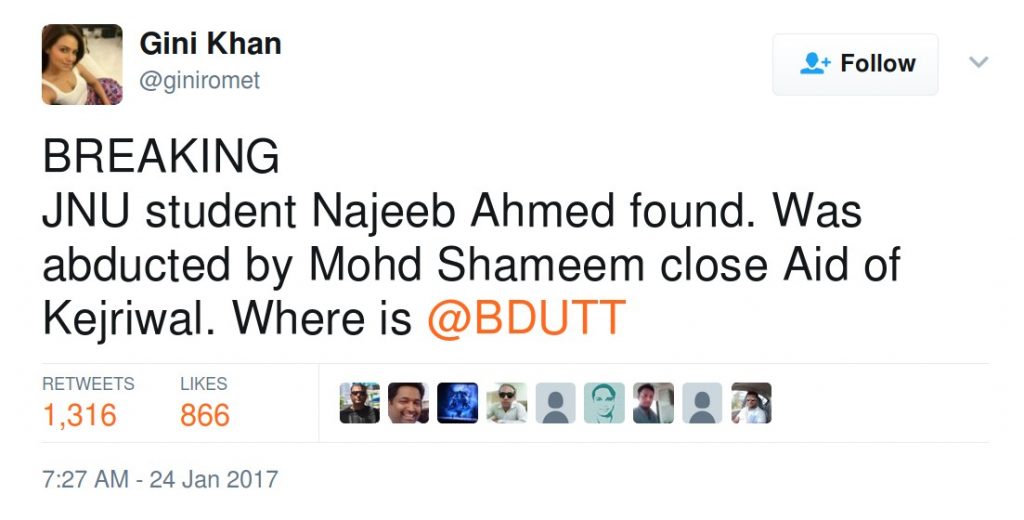 BREAKING JNU student Najeeb Ahmed found. Was abducted by Mohd Shameem close Aid of Kejriwal. Where is @BDUTT