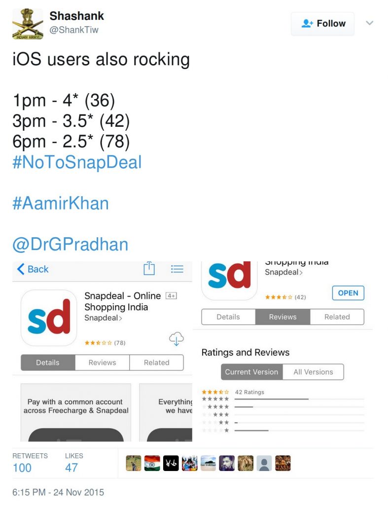 iOS rating of snapdeal being monitored