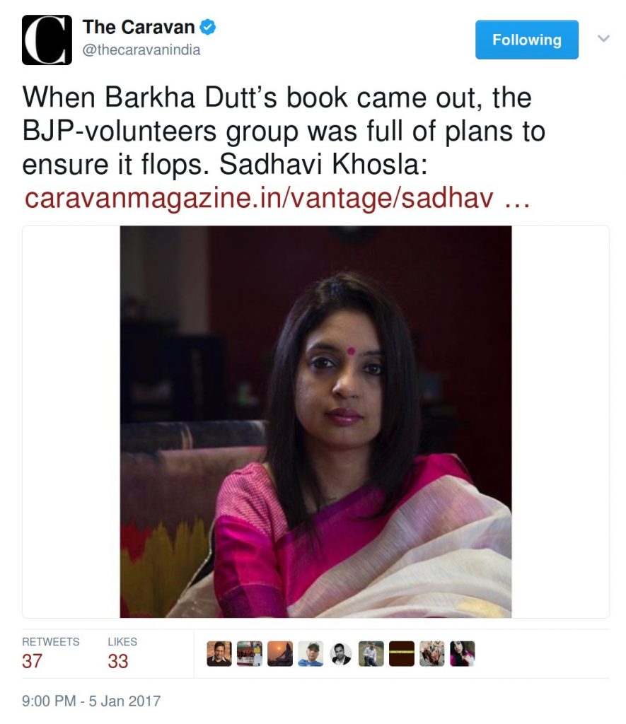 Sadhvi Khosla WHen Barkha Dutt's book came out, the BJP-volunteers group was full of plans to ensure it flops. Sadhavi Khosla.