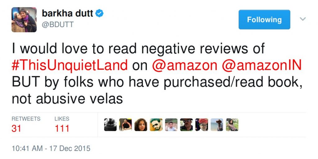 Barkha Dutt's tweets about artificial negative reviews on her book
