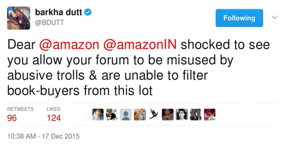 Barkha Dutt's tweet about amazon platform being misused by trolls