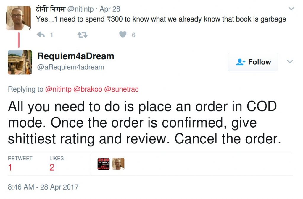 All you need to do is place an order in COD mode. Once the order is confirmed, give shittiest rating and review. Cancel the order.
