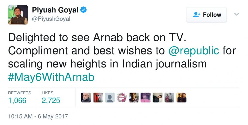 Delighted to see Arnab back on TV. Compliment and best wishes to @republic for scaling new heights in Indian journalism #May6WithArnab