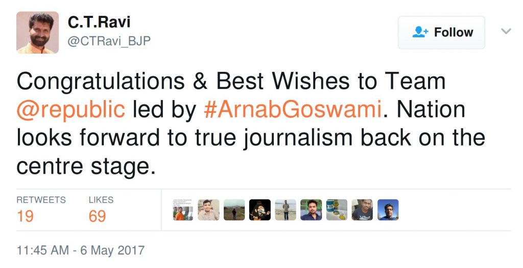 Congratulations & Best Wishes to Team @republic led by #ArnabGoswami. Nation looks forward to true journalism back on the centre stage.