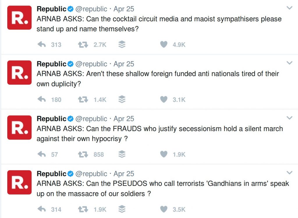 Arnab Goswami's tweets after Sukma attacks