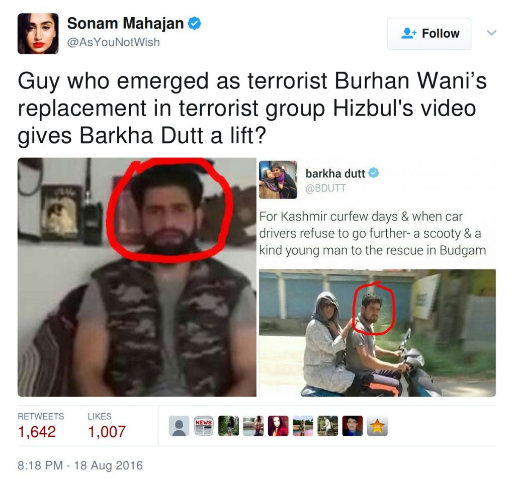 Sonam Mahajan: Guy who emerged as terrorist Burhan Wani's replacement in terrorist group Hizbul's video gives Barkha Dutta a lift?