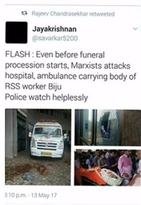 The fake news tweet by Jayakrishnan (@Savarkar5200) which was retweeted by Rajeev Chandrasekhar. The account @Savarkar5200 has now disappeared from twitter.