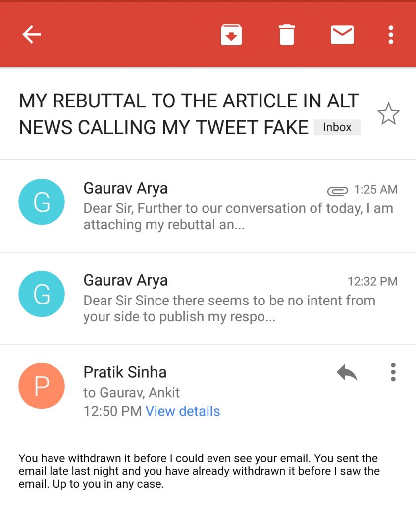 Email exchange between Pratik Sinha and Gaurav Arya
