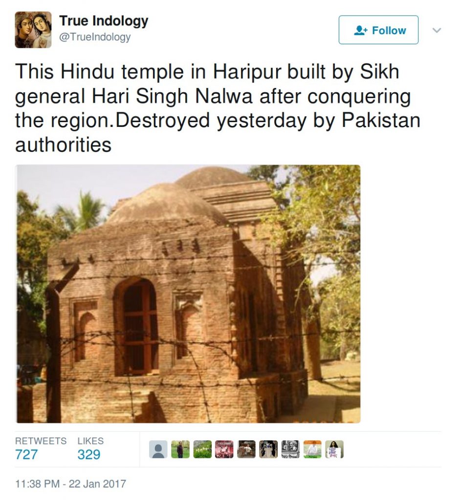 This Hindu temple in Haripur built by Sikh general Hari Singh Nalwa after conquering the region. Destroyed yesterday by Pakistan authorities.