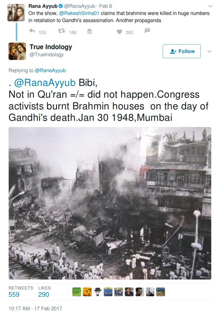 Bibi did not happen congress activists burnt brahmin houses on the day of Gandhi's death