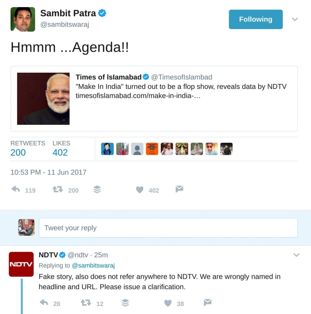 Sambit Patra tweeting Times of Islamabad article