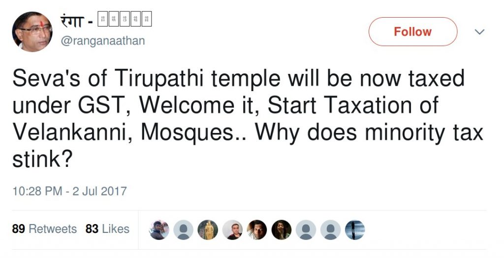 ranganathan Seva's of Tirupathi temple will be now taxed under GST, Welcome it, Start Taxation of Velankanni, Mosques.. Why does minority tax stink?