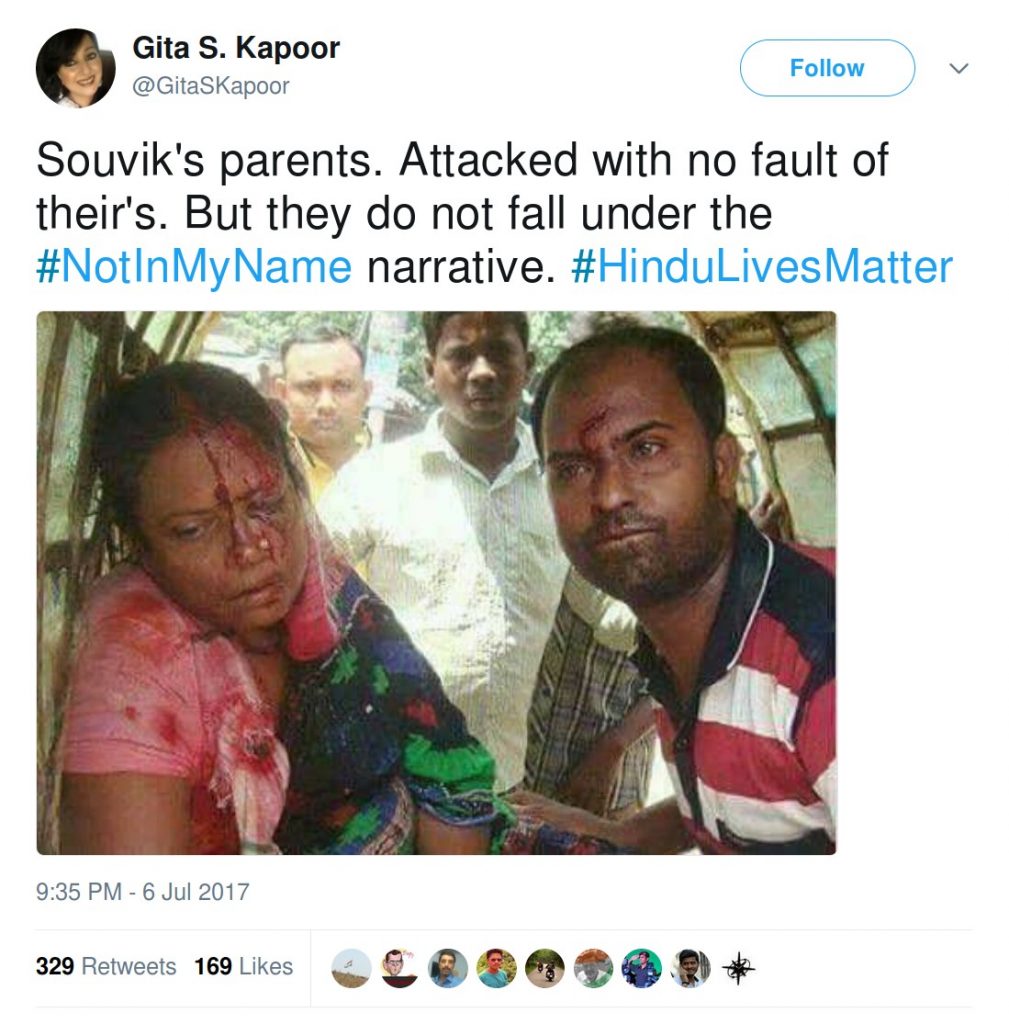 Geeta S Kapoor Souvik's parents. Attacked with no fault of their's. But they do not fall under the #NotInMyName narrative. #HinduLivesMatter