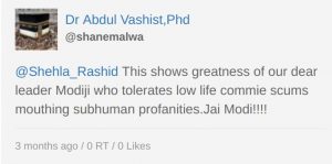 This shows greatness of our dear leader Modiji who tolerates low life commie scums mouthing subhuman profanities. Jai Modi!!