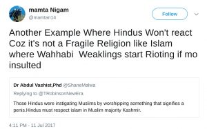 Mamta NIgam mamtan14 Another Example Where Hindus Won't react Coz it's not a Fragile Religion like Islam where Wahhabi Weaklings start Rioting if mo insulted