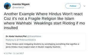 Mamta NIgam mamtan14 Another Example Where Hindus Won't react Coz it's not a Fragile Religion like Islam where Wahhabi Weaklings start Rioting if mo insulted