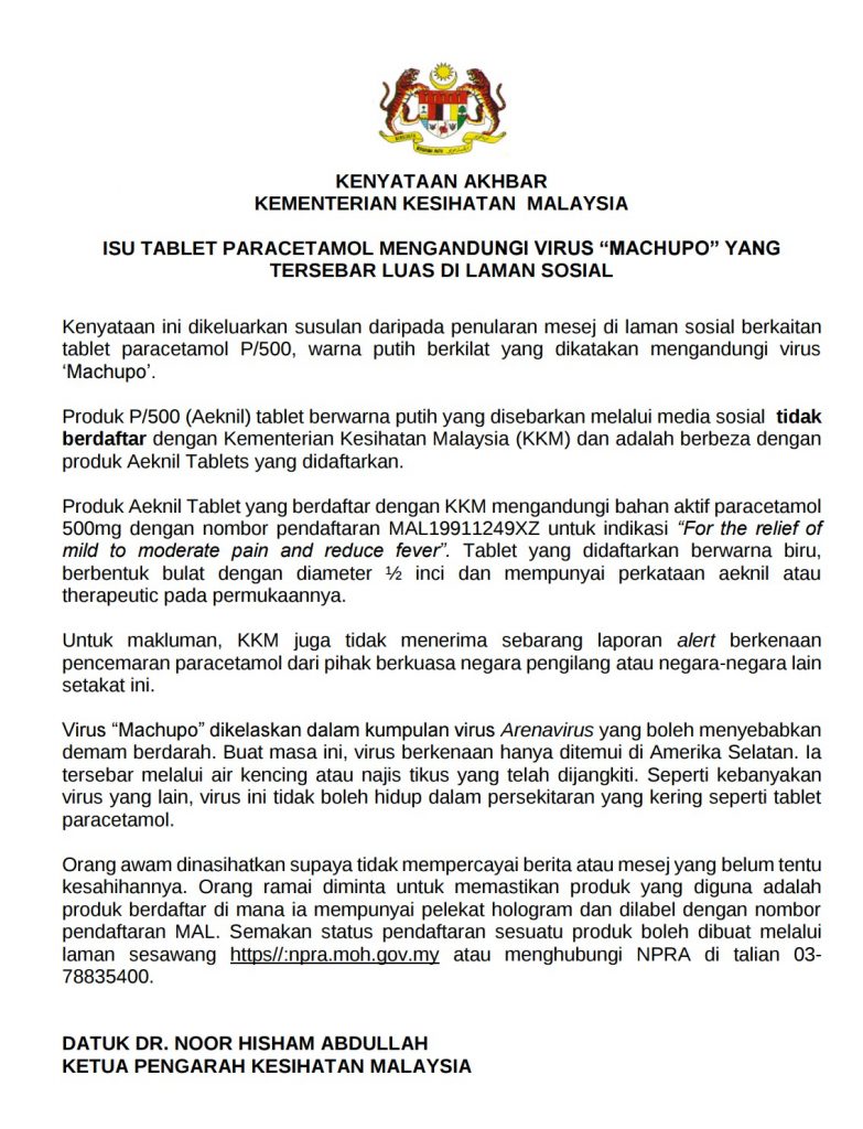 Malaysian Govt Machupo Virus P-500 Paracetamol