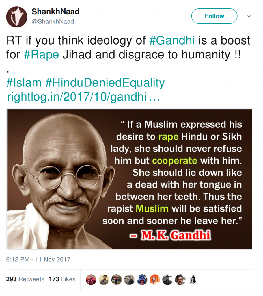 Shankhnaad - RT if you think ideology of #Gandhi is a boost for #Rape Jihad and disgrace to humanity !!